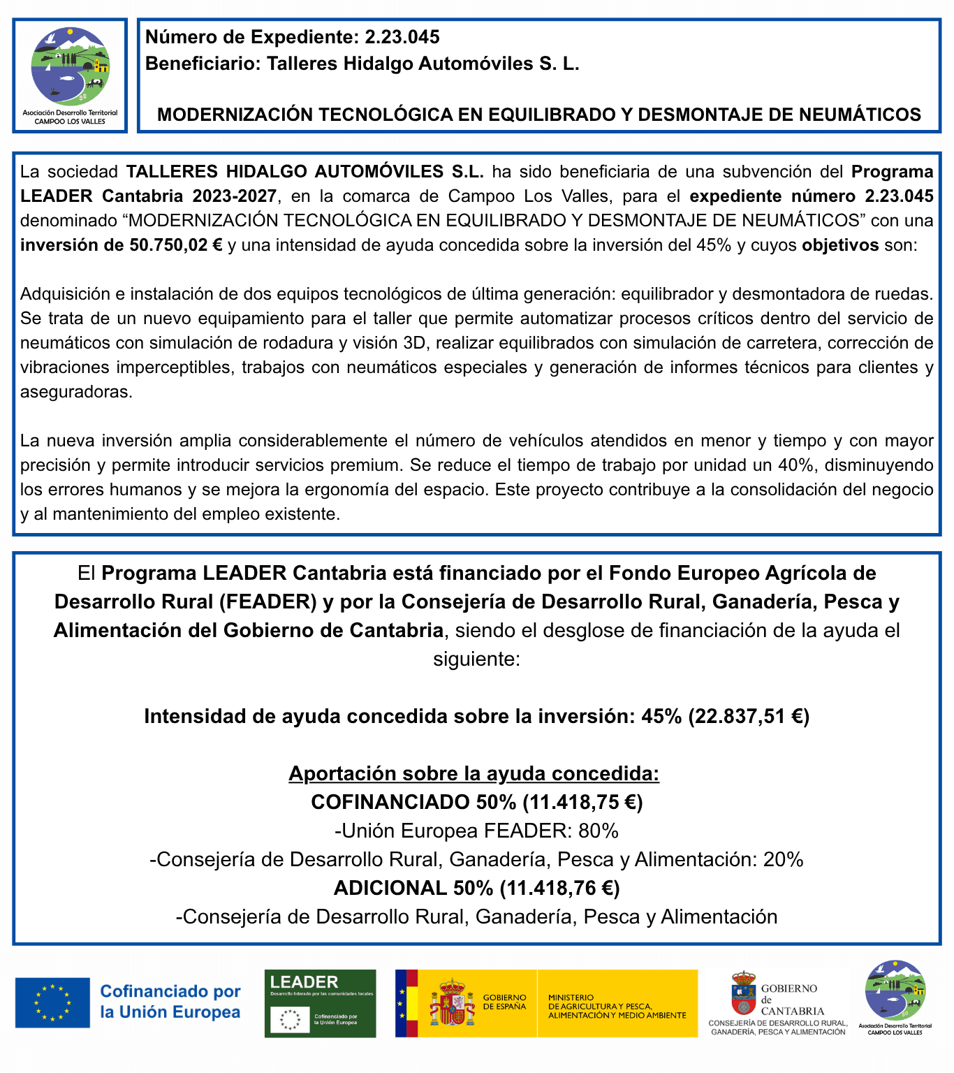 Ayuda LEADER Cantabria 2023-2027: modernización tecnológica en equilibrado y desmontaje de neumáticos en Talleres Hidalgo Automóviles